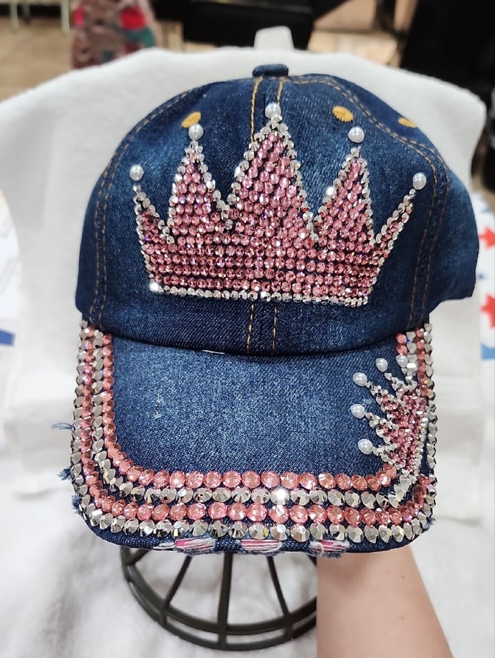 Denim Rhinestone Crown Cap - Pink Embellished - Picture 3 of 3